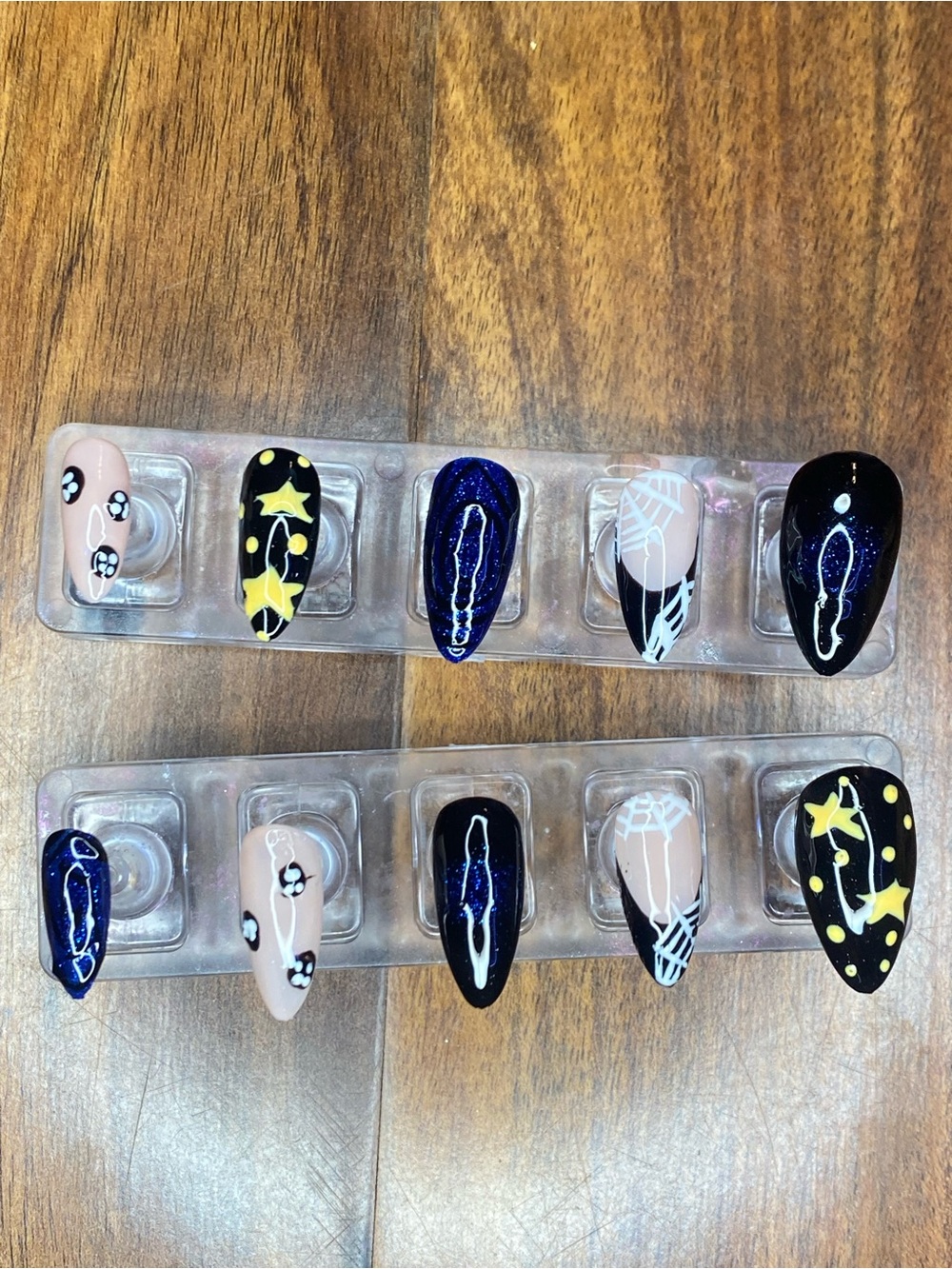 Press-On Nail Set - Black, Blue & Nude Coraline Inspired Hand painted  Designs